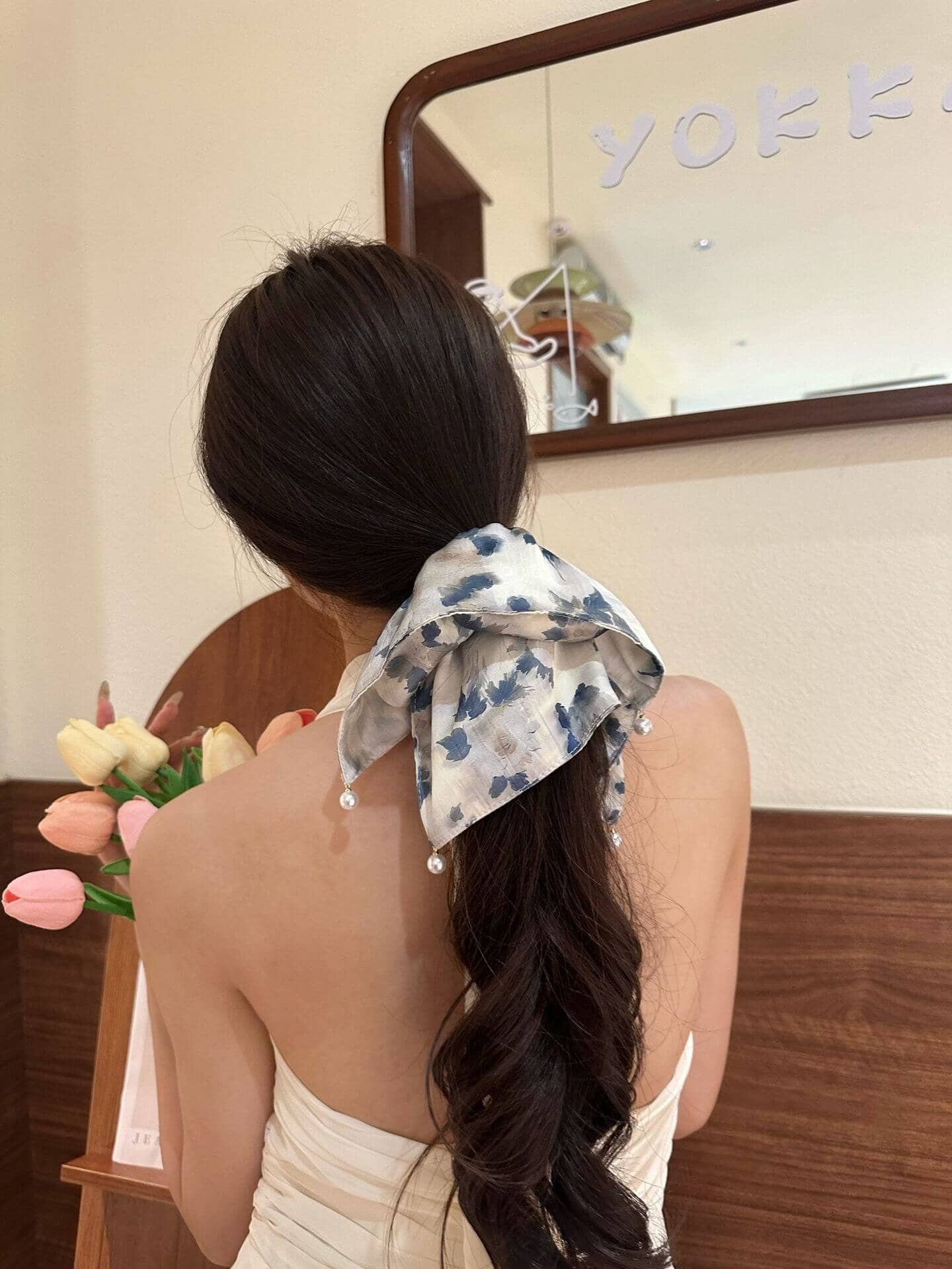 中式水墨風紮染油畫方巾馬尾大腸髮圈