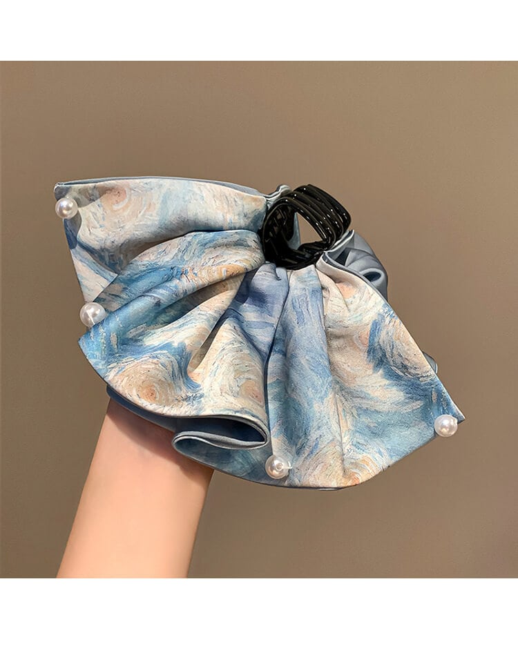 油畫風藍色星空珍珠裙擺馬尾抓夾