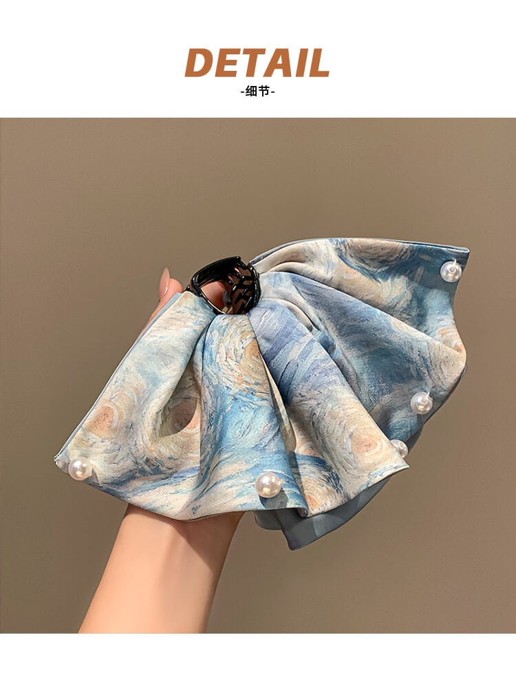 油畫風藍色星空珍珠裙擺馬尾抓夾