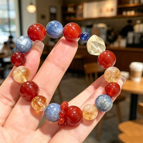 天然紅瑪瑙手串黃塔晶藍晶石串珠手鏈