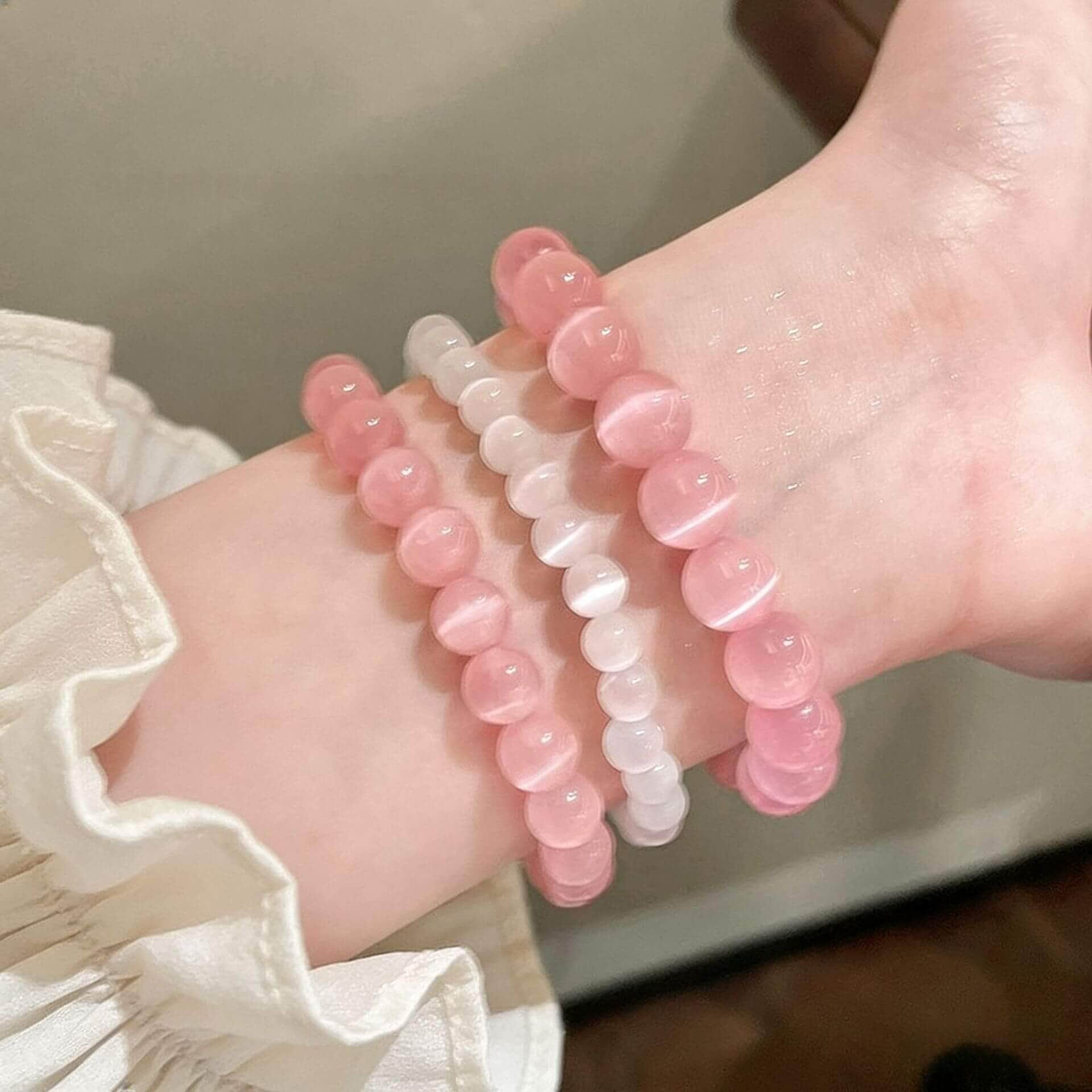 玻璃貓眼石手串粉色貓眼石疊戴手鏈：圖片 2
