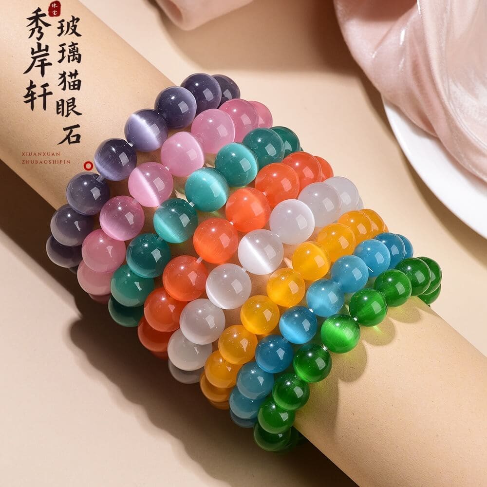 玻璃貓眼石手串粉色貓眼石疊戴手鏈