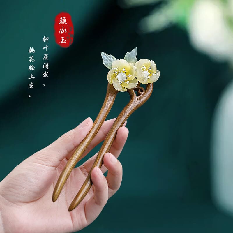 綠檀木u型雙簪子女款盤髮釵子：圖片 2