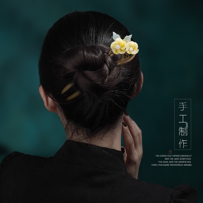 綠檀木u型雙簪子女款盤髮釵子：圖片 3