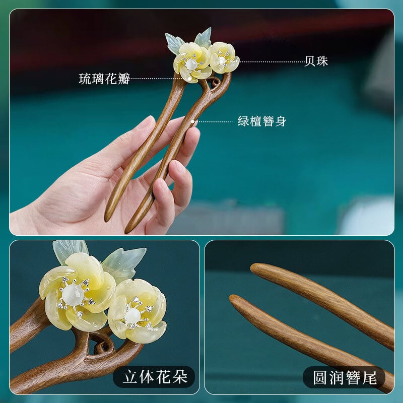 綠檀木u型雙簪子女款盤髮釵子：圖片 4
