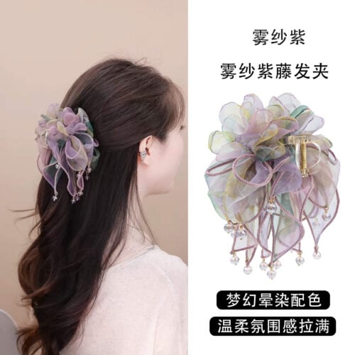霧紗紫藤髮夾女法式花朵飄帶紮髮抓夾