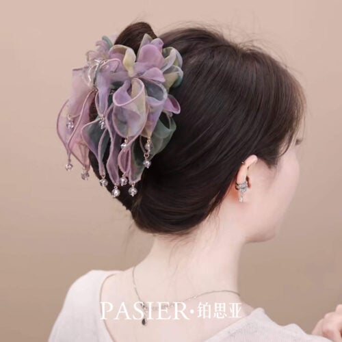 霧紗紫藤髮夾女法式花朵飄帶紮髮抓夾：圖片 2