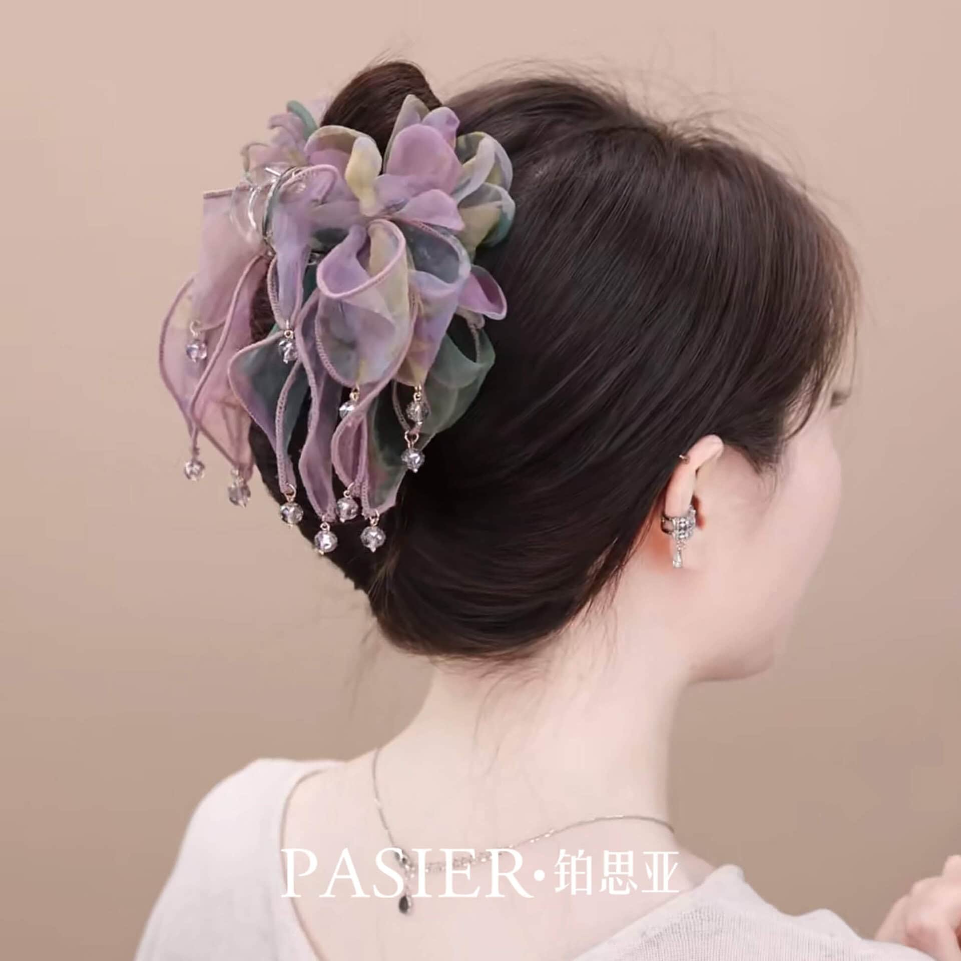 霧紗紫藤髮夾女法式花朵飄帶紮髮抓夾：圖片 2