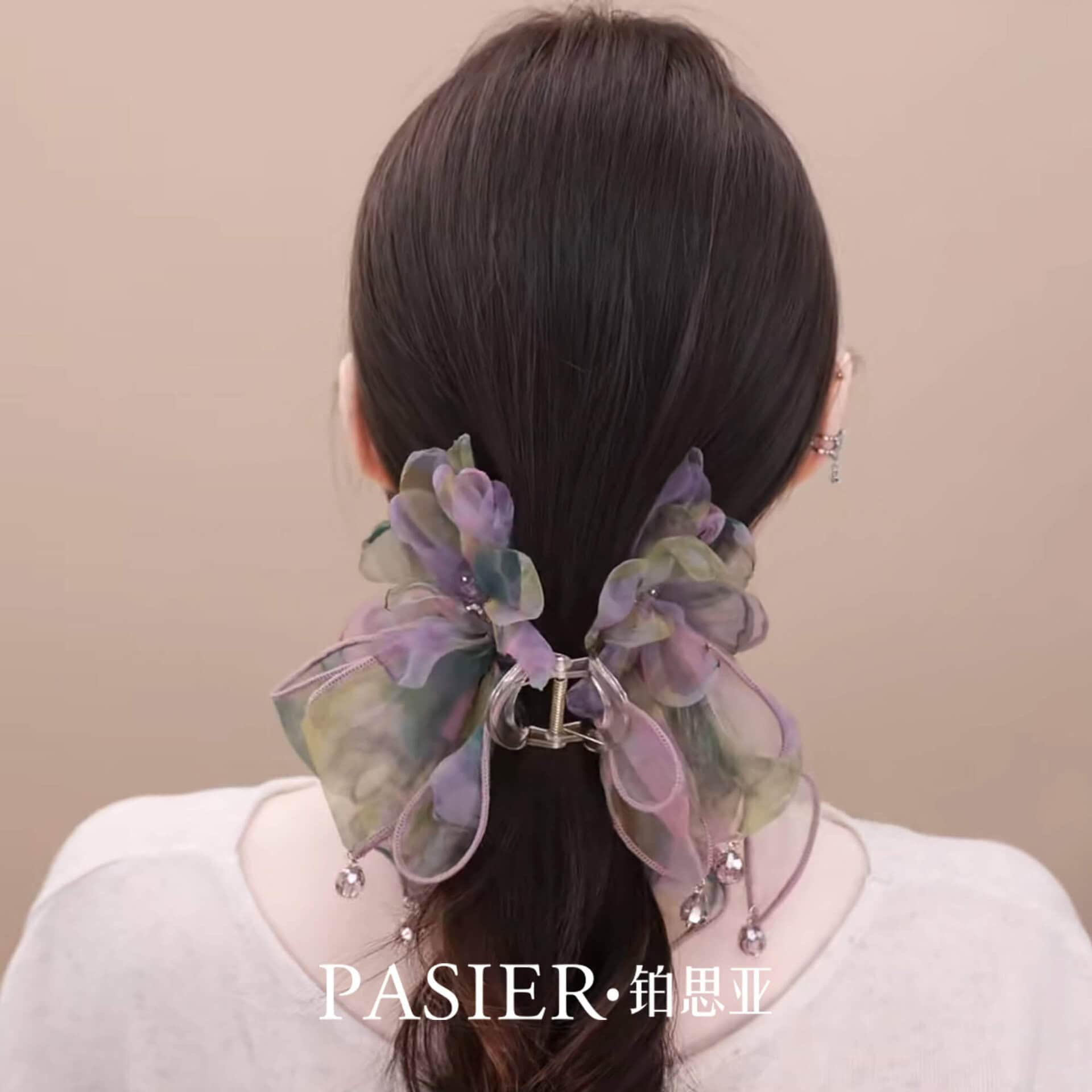 霧紗紫藤髮夾女法式花朵飄帶紮髮抓夾：圖片 3