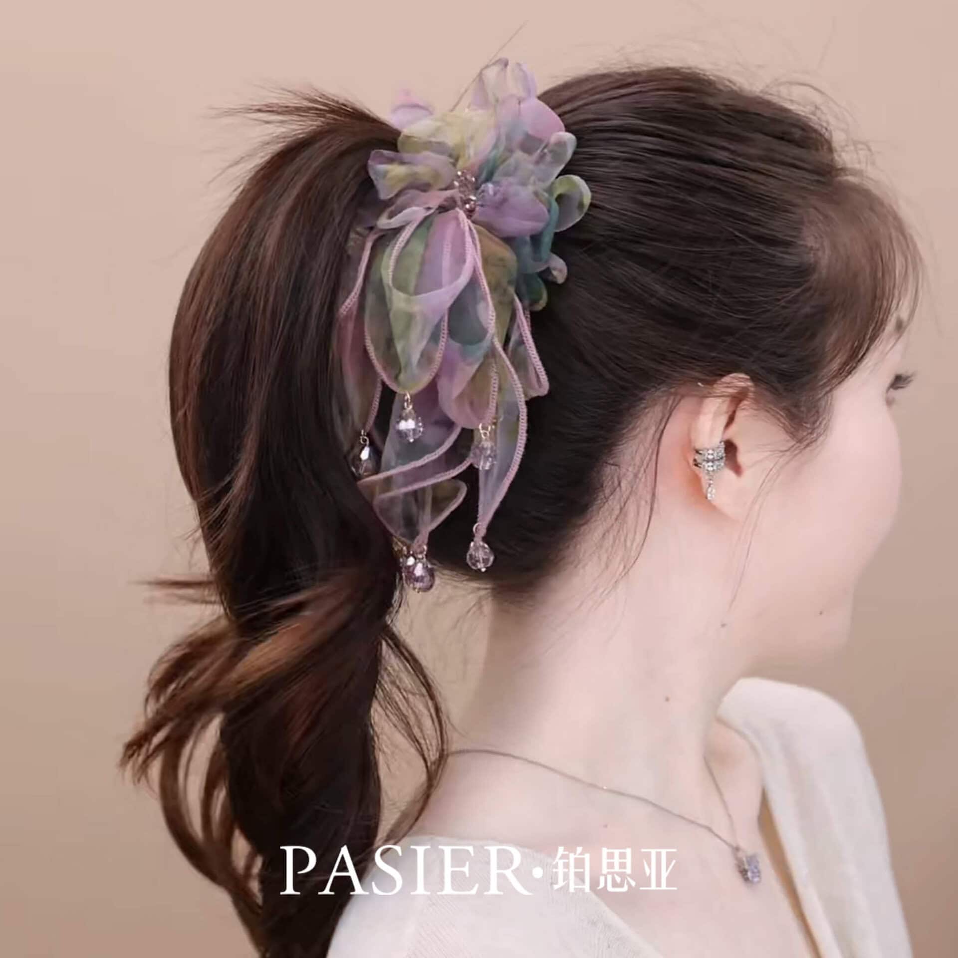 霧紗紫藤髮夾女法式花朵飄帶紮髮抓夾：圖片 4