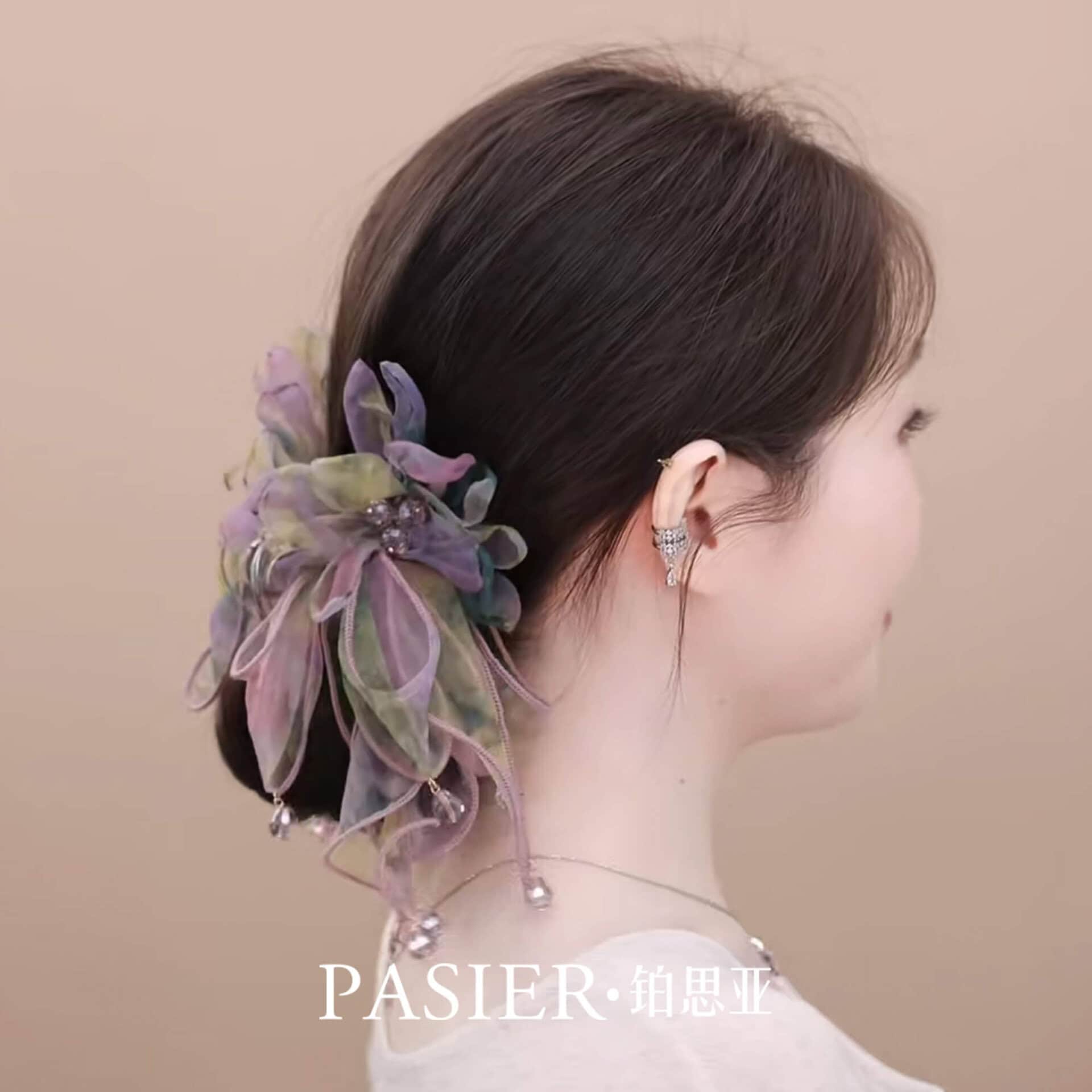 霧紗紫藤髮夾女法式花朵飄帶紮髮抓夾：圖片 5