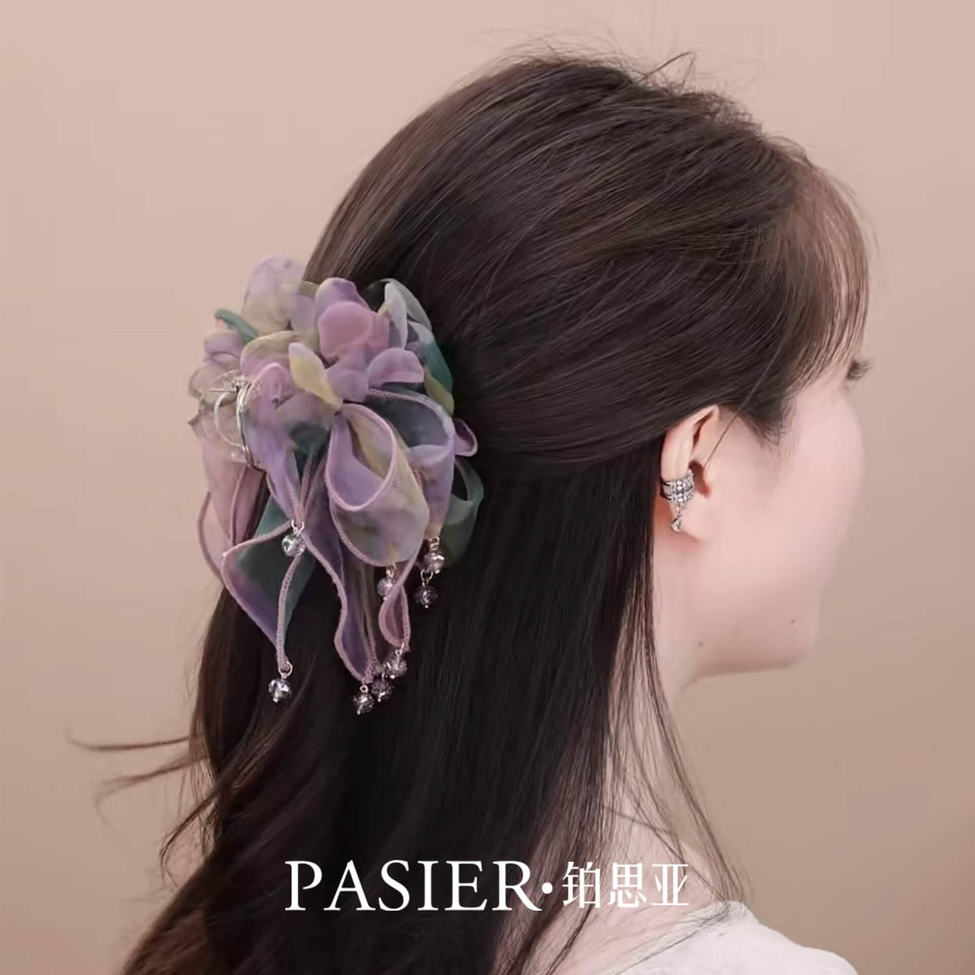 霧紗紫藤髮夾女法式花朵飄帶紮髮抓夾