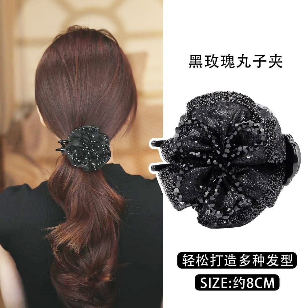 黑玫瑰髮夾女浪漫花苞丸子頭髮卡