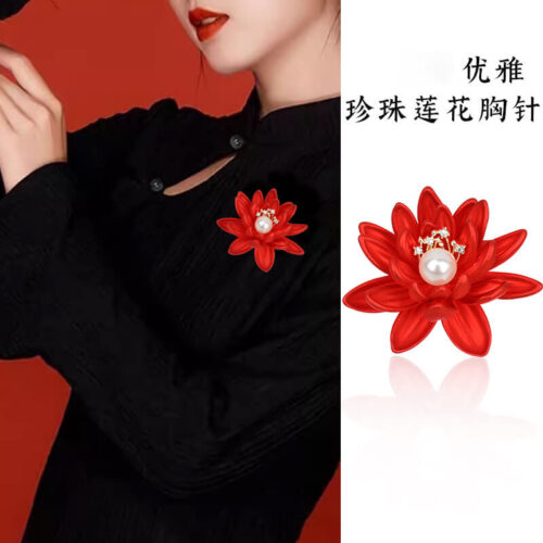 紅蓮花珍珠胸針女新中式國風鑲鉆別針