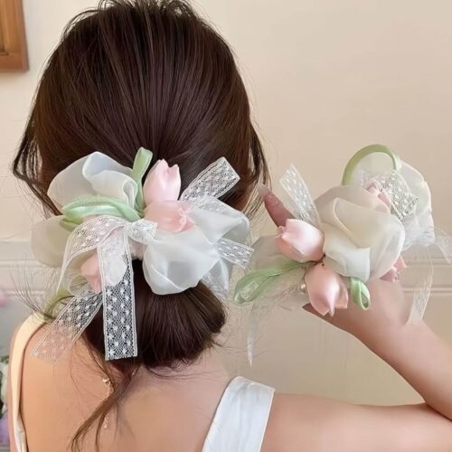 系郁金香大腸髮圈高級感女溫柔蝴蝶結頭繩