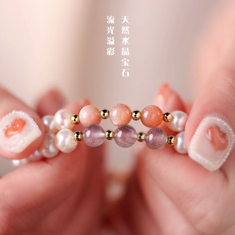 淡水珍珠手鏈女夏灰月光石太陽石青石手串：圖片 3