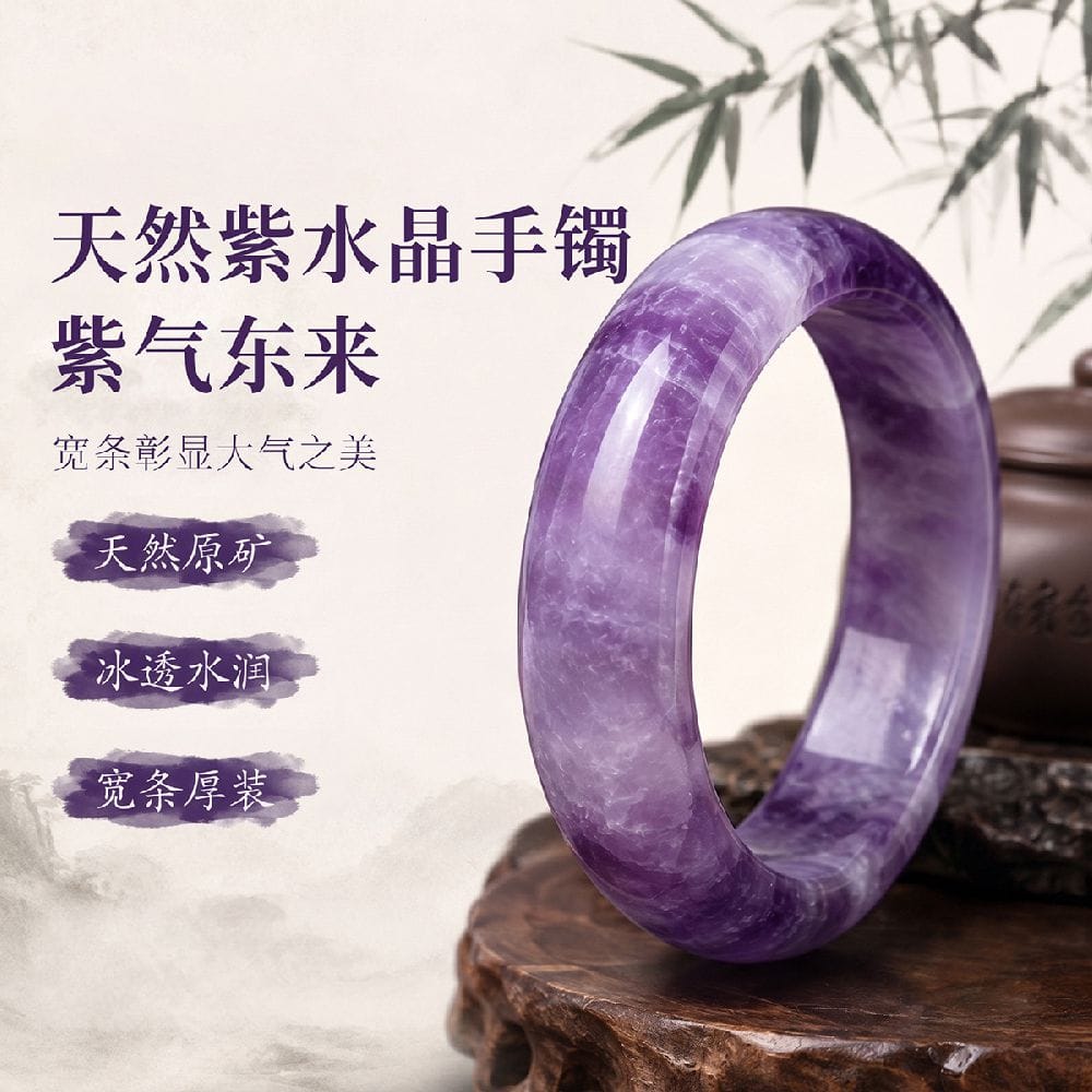 紫氣東來冰種國風天然紫水晶寬镯