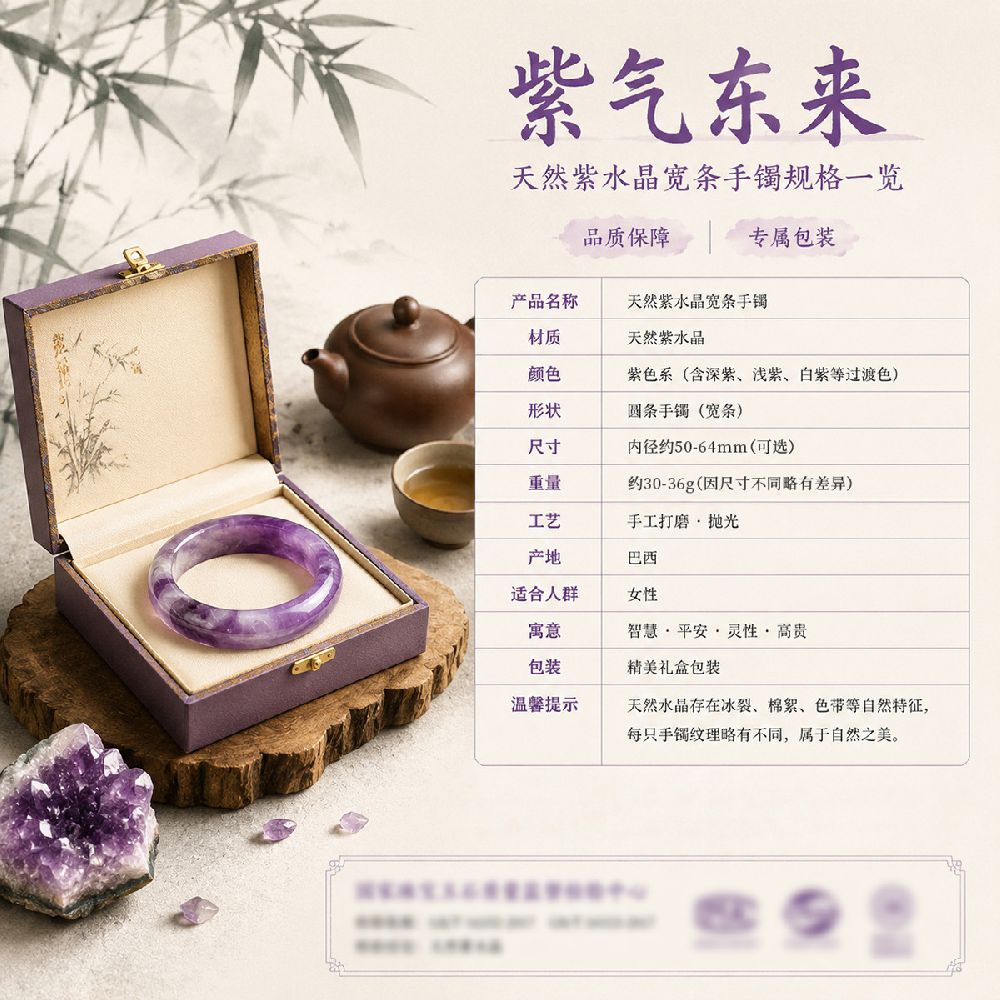 紫氣東來冰種國風天然紫水晶寬镯