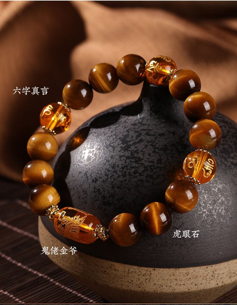 三面大金爺五路財神天然黃虎眼石手串
