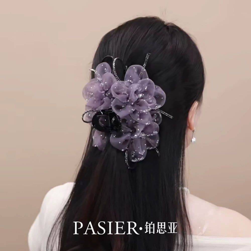星鑽花影紫色花朵抓夾時尚盤髮鲨魚夾：圖片 2