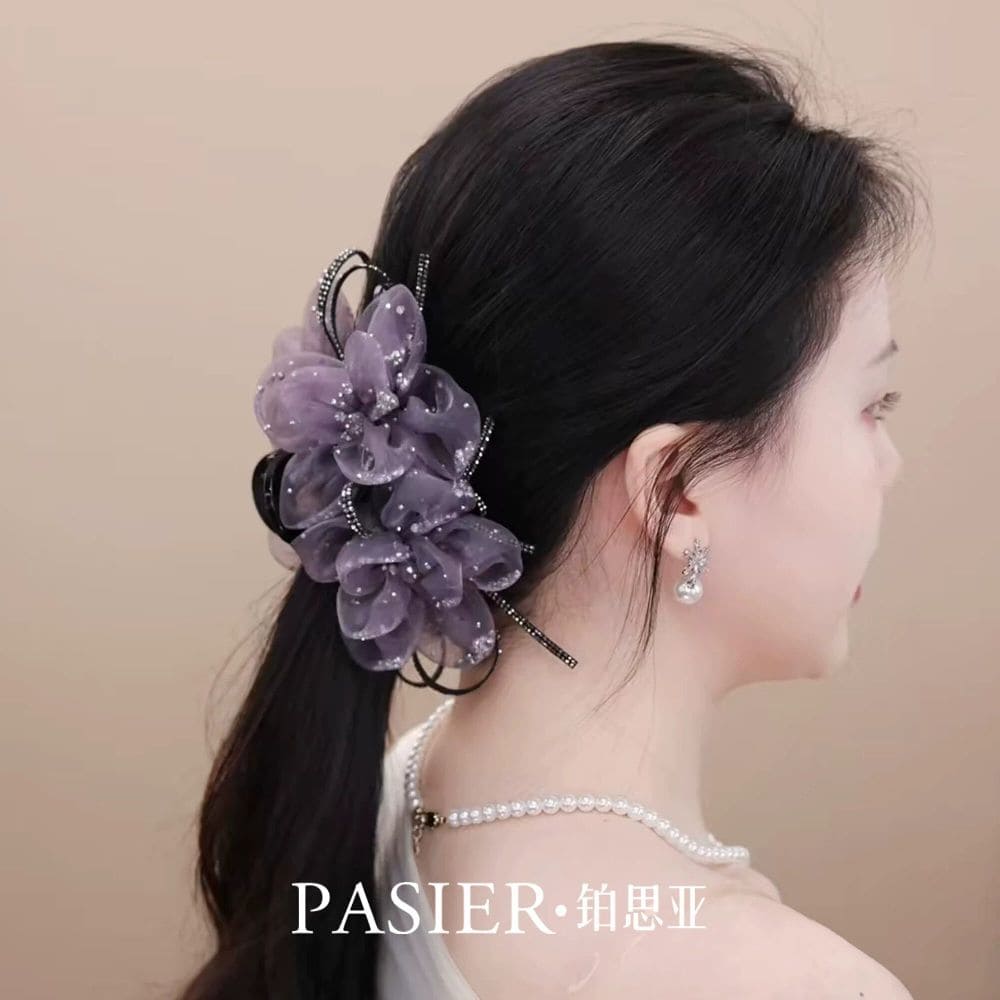 星鑽花影紫色花朵抓夾時尚盤髮鲨魚夾：圖片 4