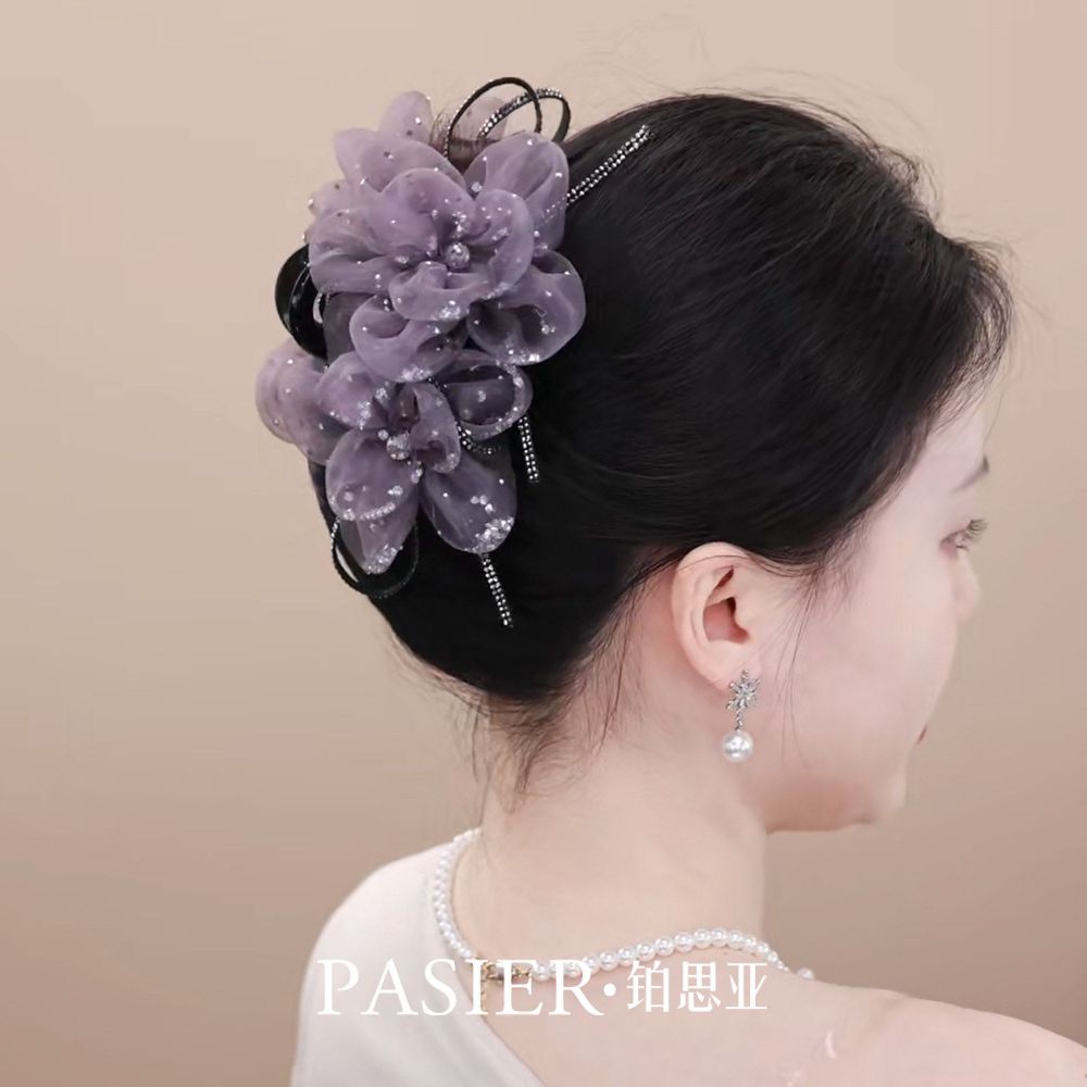 星鑽花影紫色花朵抓夾時尚盤髮鲨魚夾