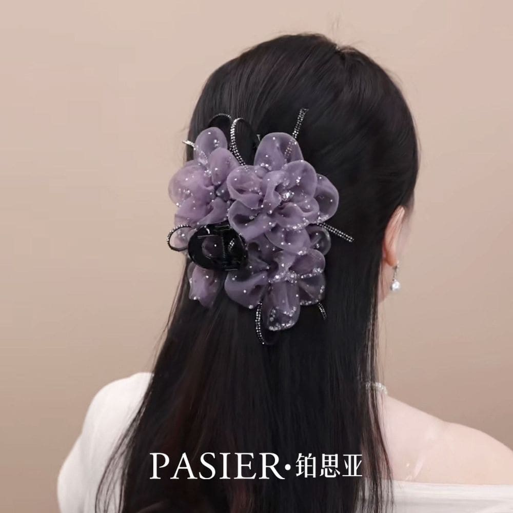 星鑽花影紫色花朵抓夾時尚盤髮鲨魚夾