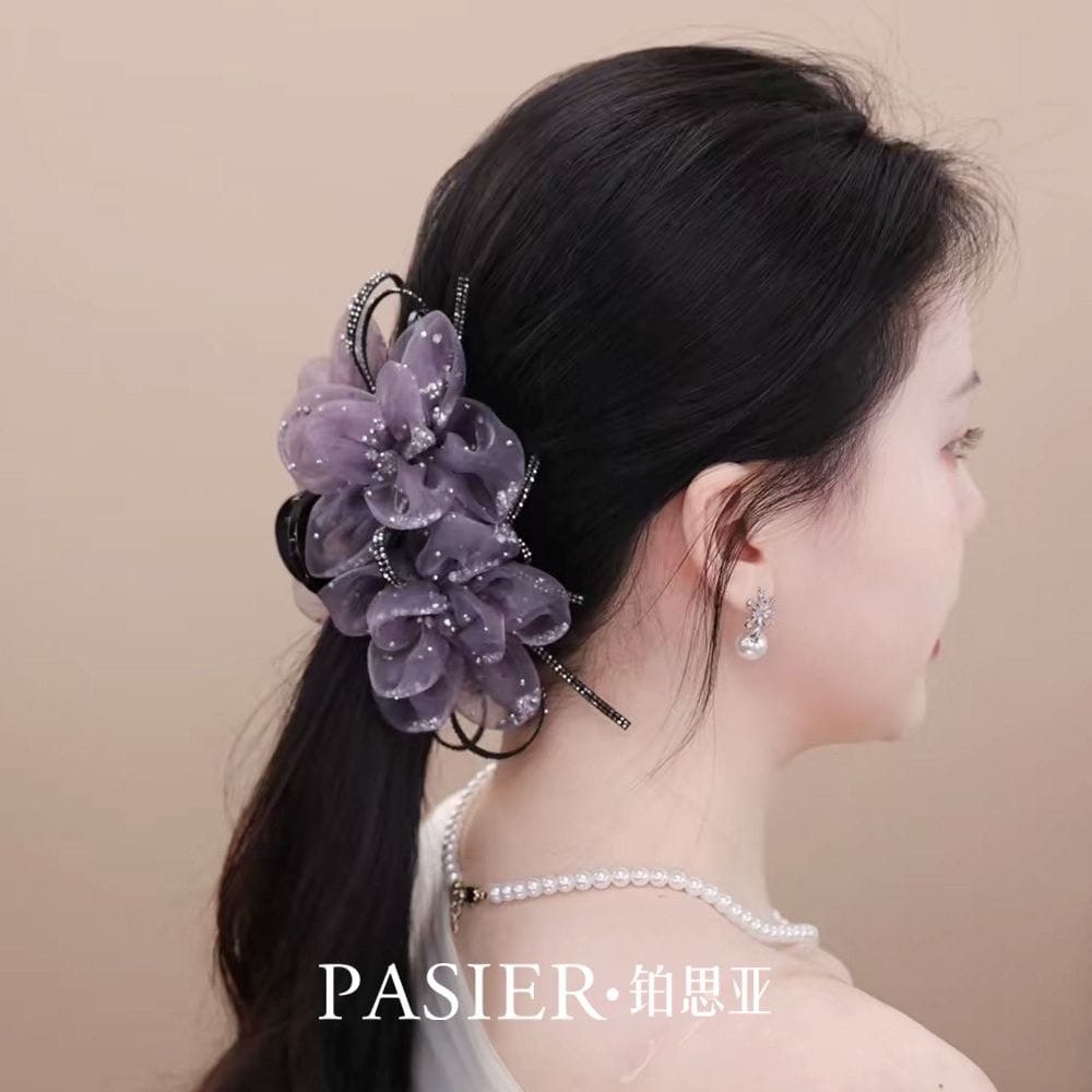 星鑽花影紫色花朵抓夾時尚盤髮鲨魚夾