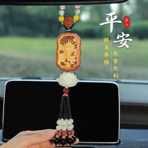 棗木雕刻鑲嵌黃楊木祥龍觀音蓮花汽車挂件