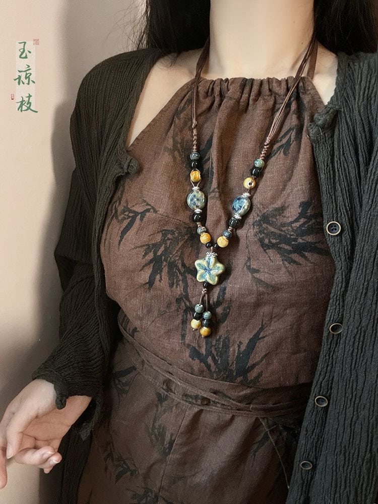 陶瓷串珠花朵項鏈新中式複古流蘇吊墜