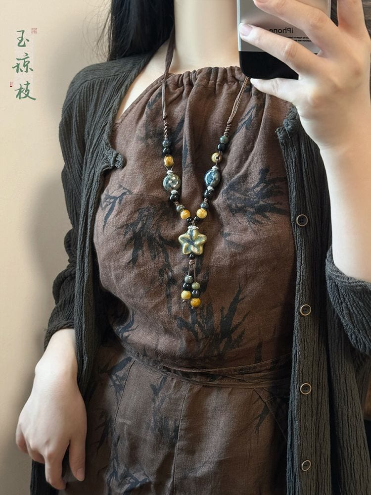 陶瓷串珠花朵項鏈新中式複古流蘇吊墜