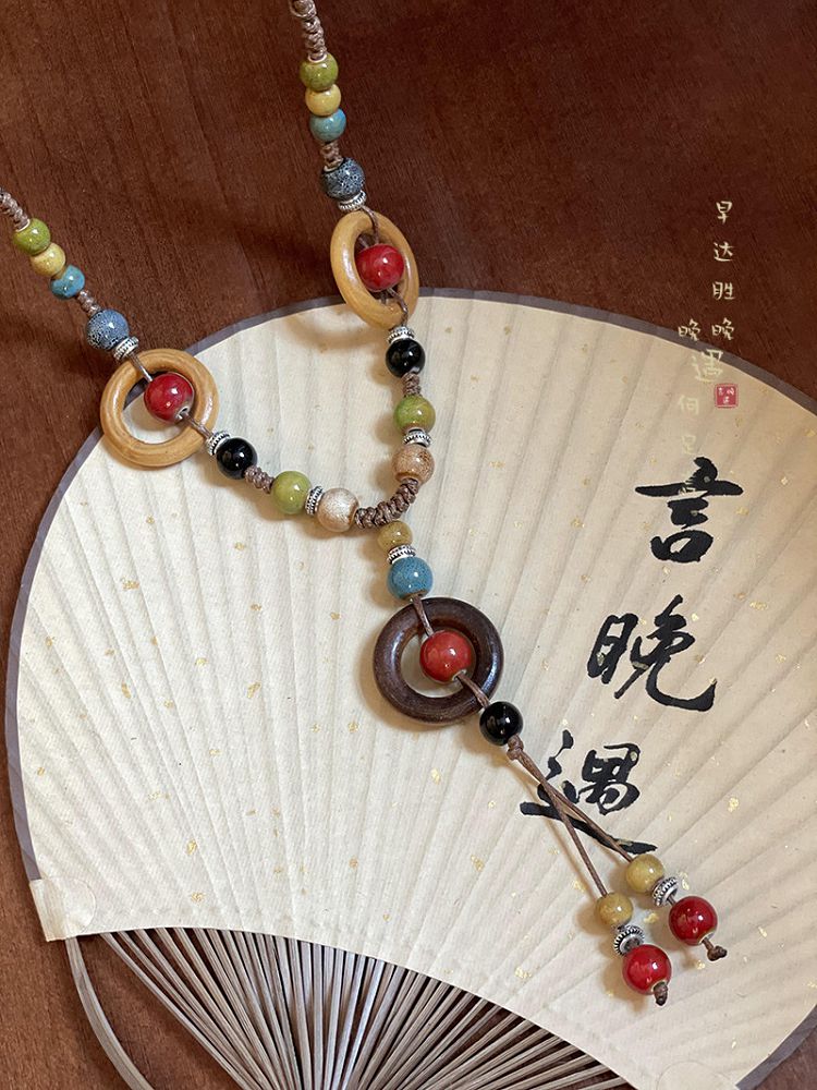 新中式陶瓷串珠長款項鏈女複古民族風毛衣鏈