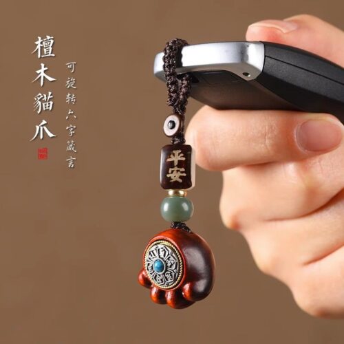 木雕刻小貓爪汽車鑰匙扣挂件手機鏈挂繩