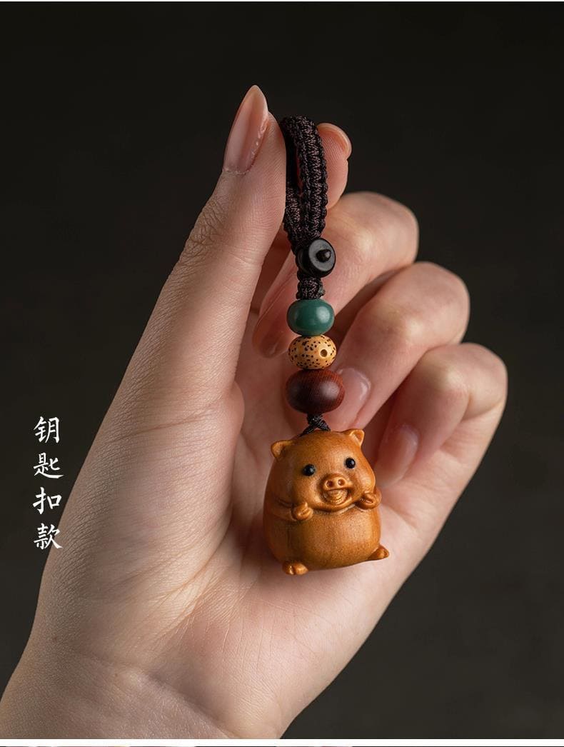 加魯諸事順利檀木生肖豬手機挂鑰匙掛件