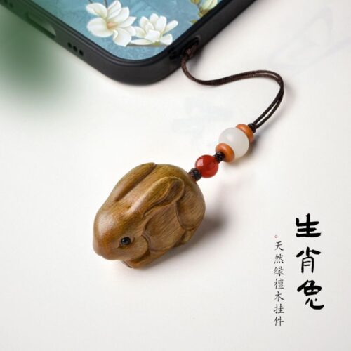 綠檀木生肖兔吊墜男小兔子手機鏈汽車鑰匙扣