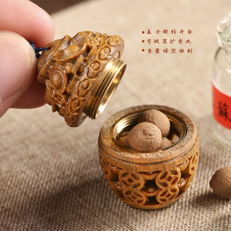 綠檀木質聚寶盆銅錢香囊镂空雕花手機鑰匙扣：圖片 4