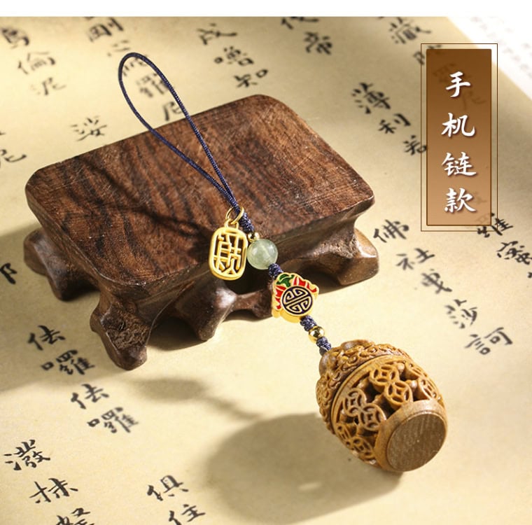 綠檀木質聚寶盆銅錢香囊镂空雕花手機鑰匙扣