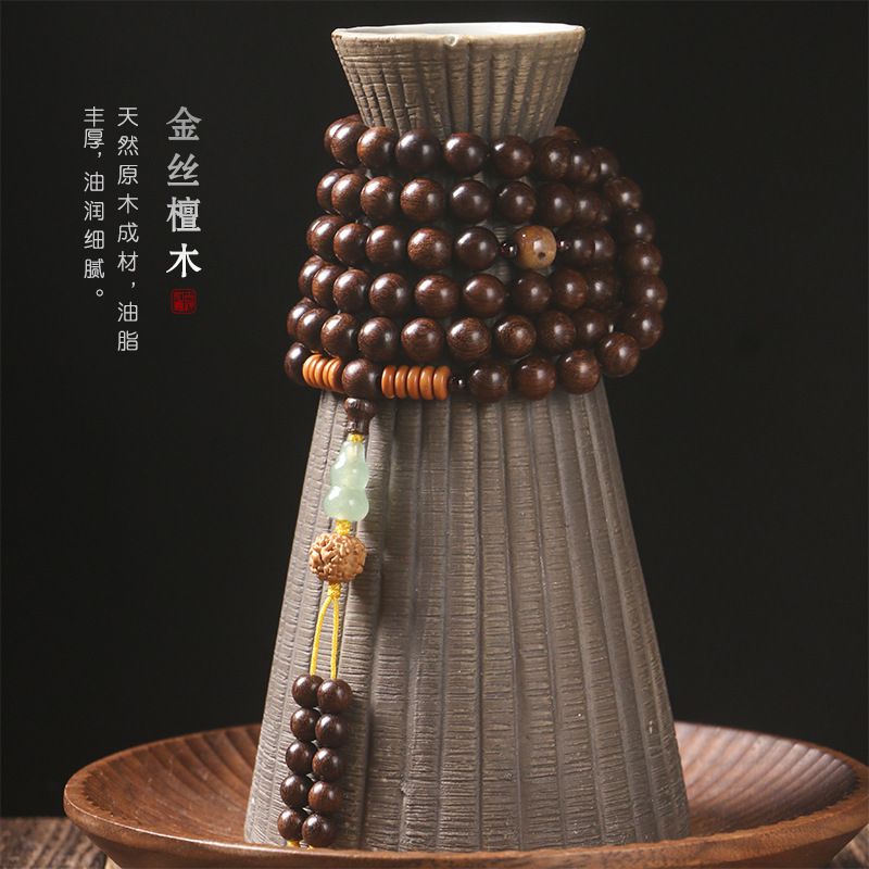108顆風金絲檀木念珠108顆佛珠搭東陵玉葫蘆手串：圖片 3