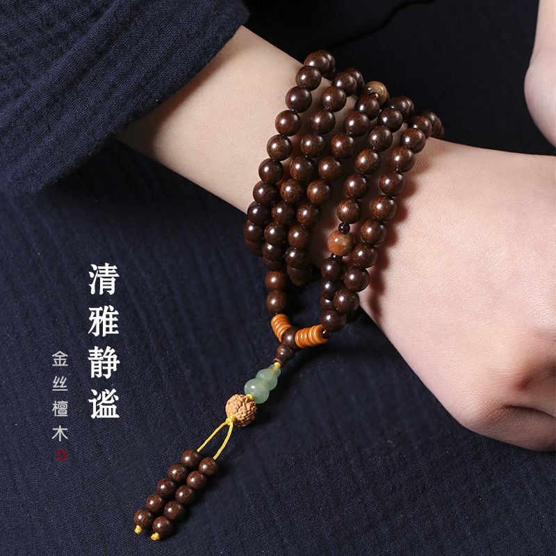 108顆風金絲檀木念珠108顆佛珠搭東陵玉葫蘆手串：圖片 4