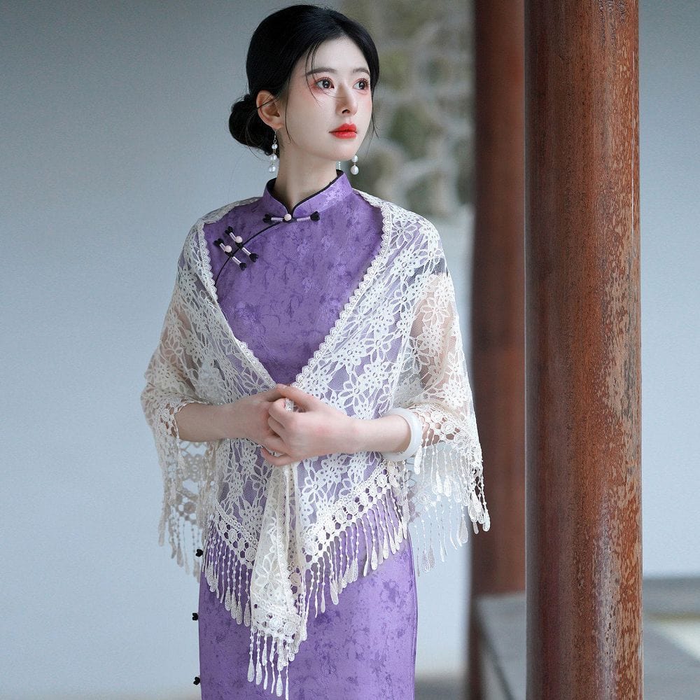 新中式蕾絲三角巾女旗袍披肩外搭流蘇披巾