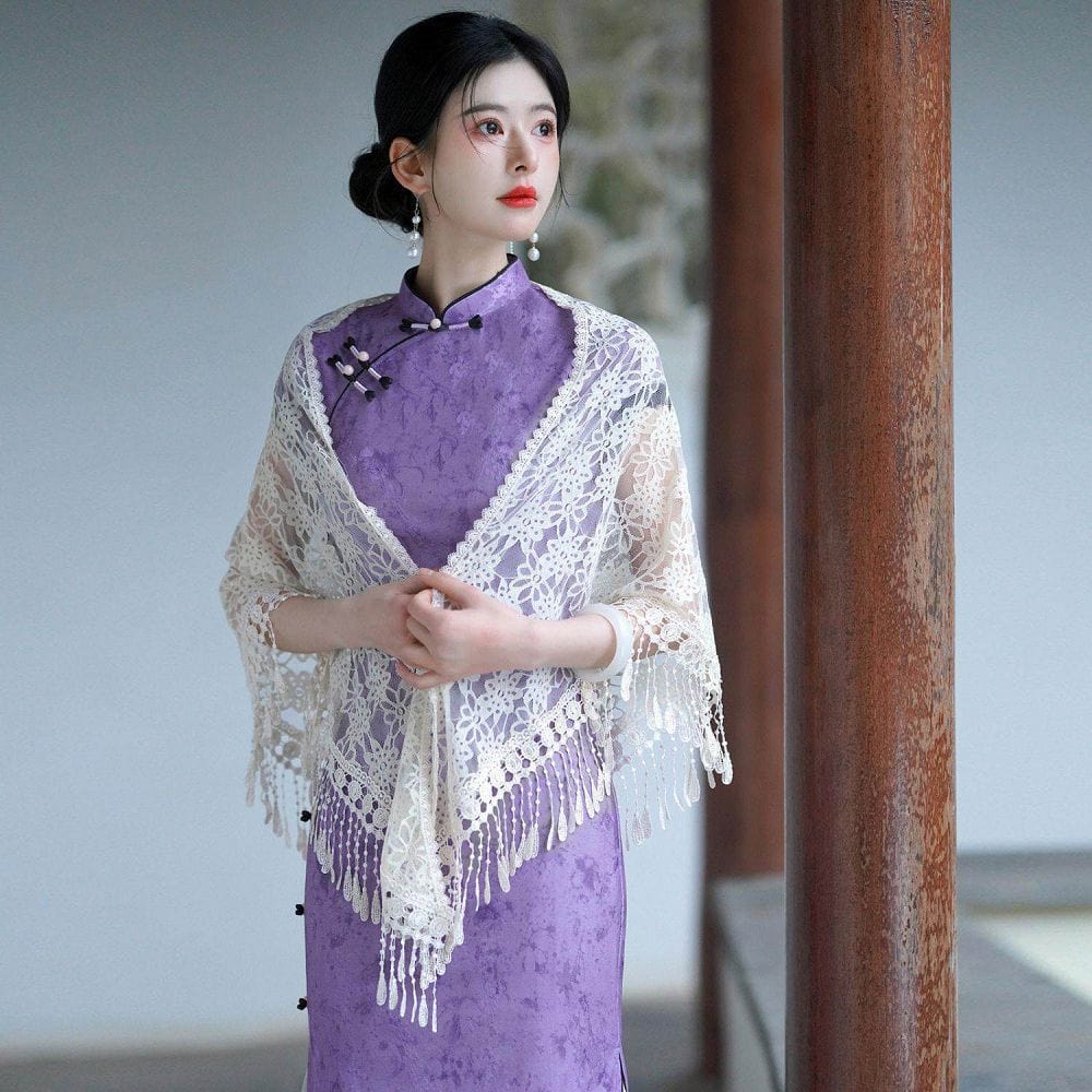 新中式蕾絲三角巾女旗袍披肩外搭流蘇披巾