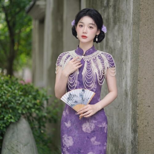 疊層珍珠流蘇披肩國風旗袍穿搭雲肩