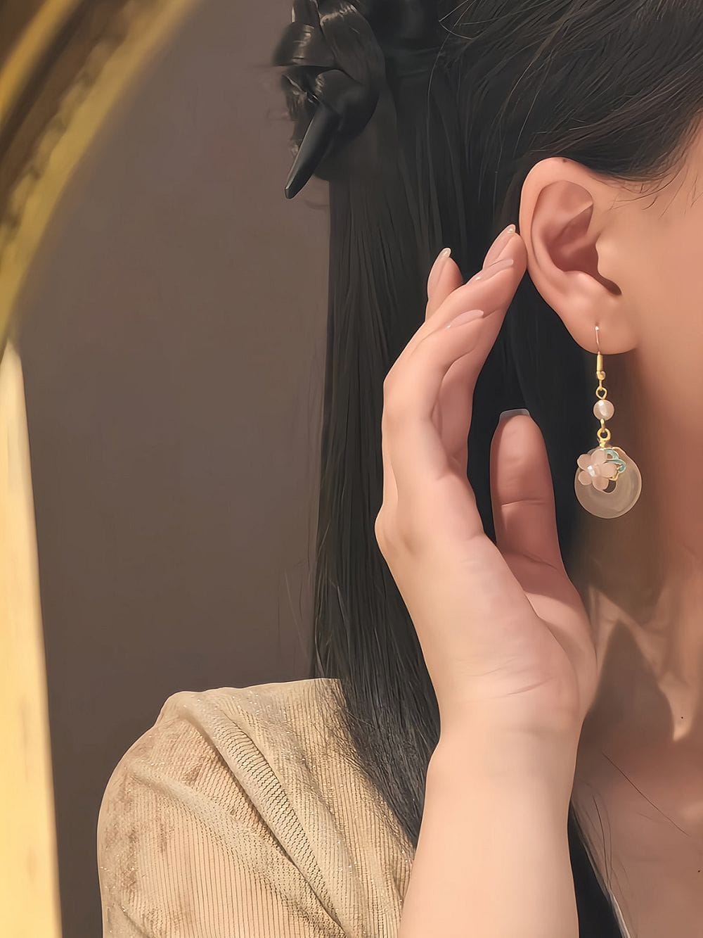 碧玉桃花新中式國風古風玉石耳環：圖片 3
