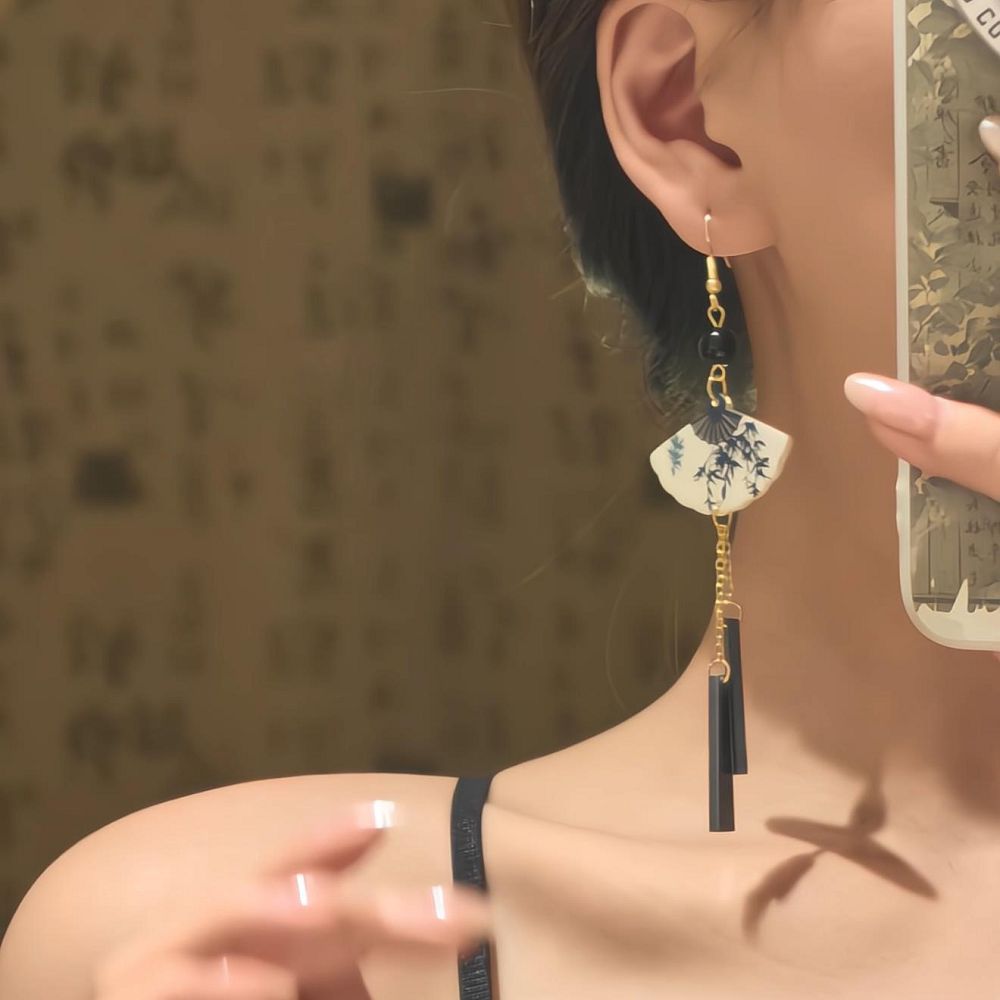 深閨竹扇高級感流蘇旗袍漢服馬面裙耳飾：圖片 3