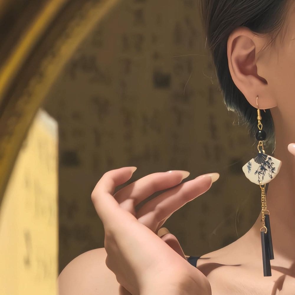 深閨竹扇高級感流蘇旗袍漢服馬面裙耳飾：圖片 5
