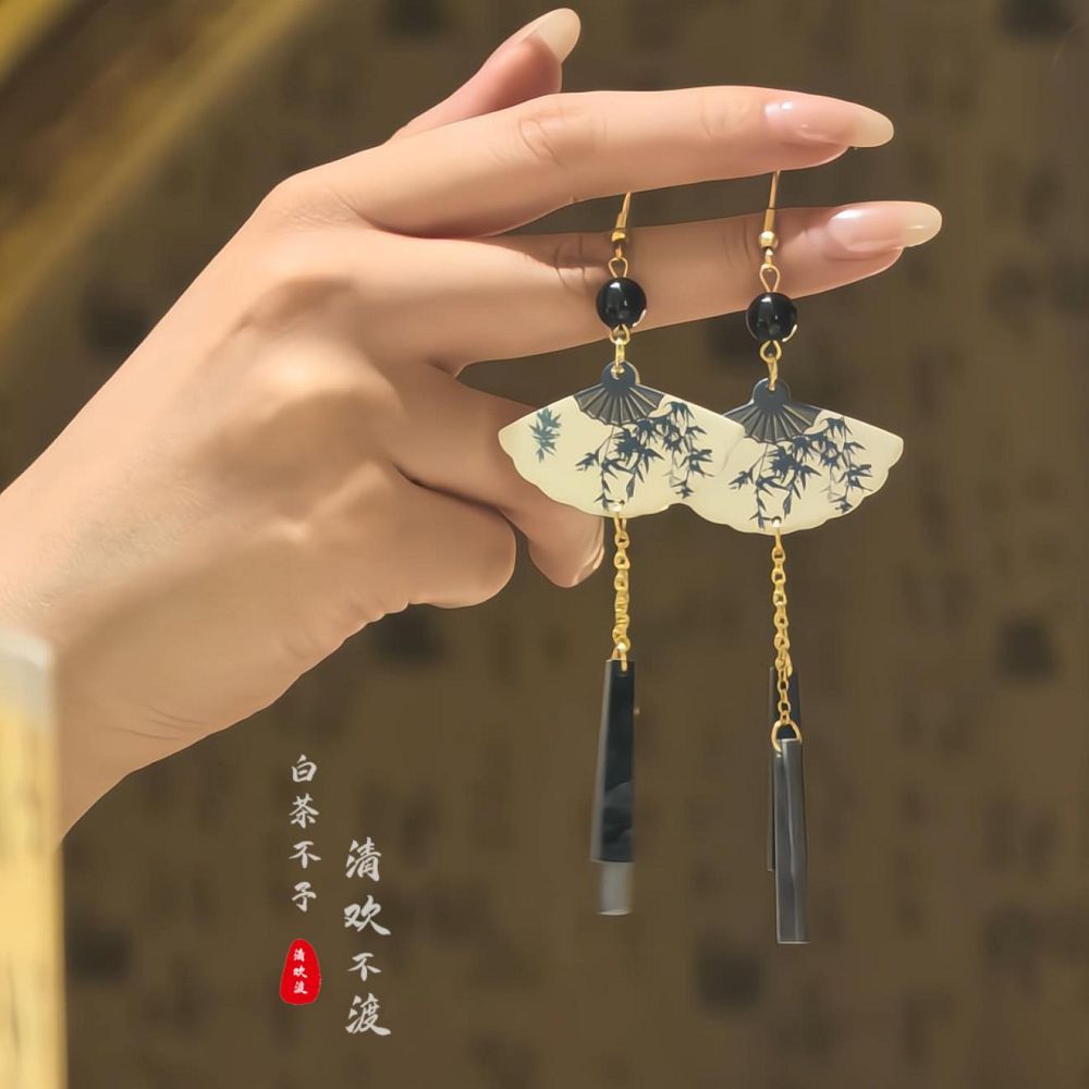 深閨竹扇高級感流蘇旗袍漢服馬面裙耳飾