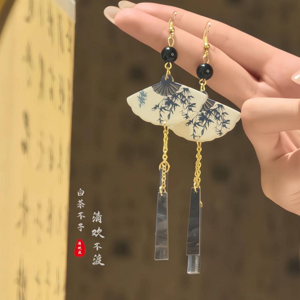 深閨竹扇高級感流蘇旗袍漢服馬面裙耳飾