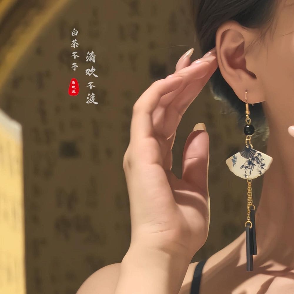 深閨竹扇高級感流蘇旗袍漢服馬面裙耳飾