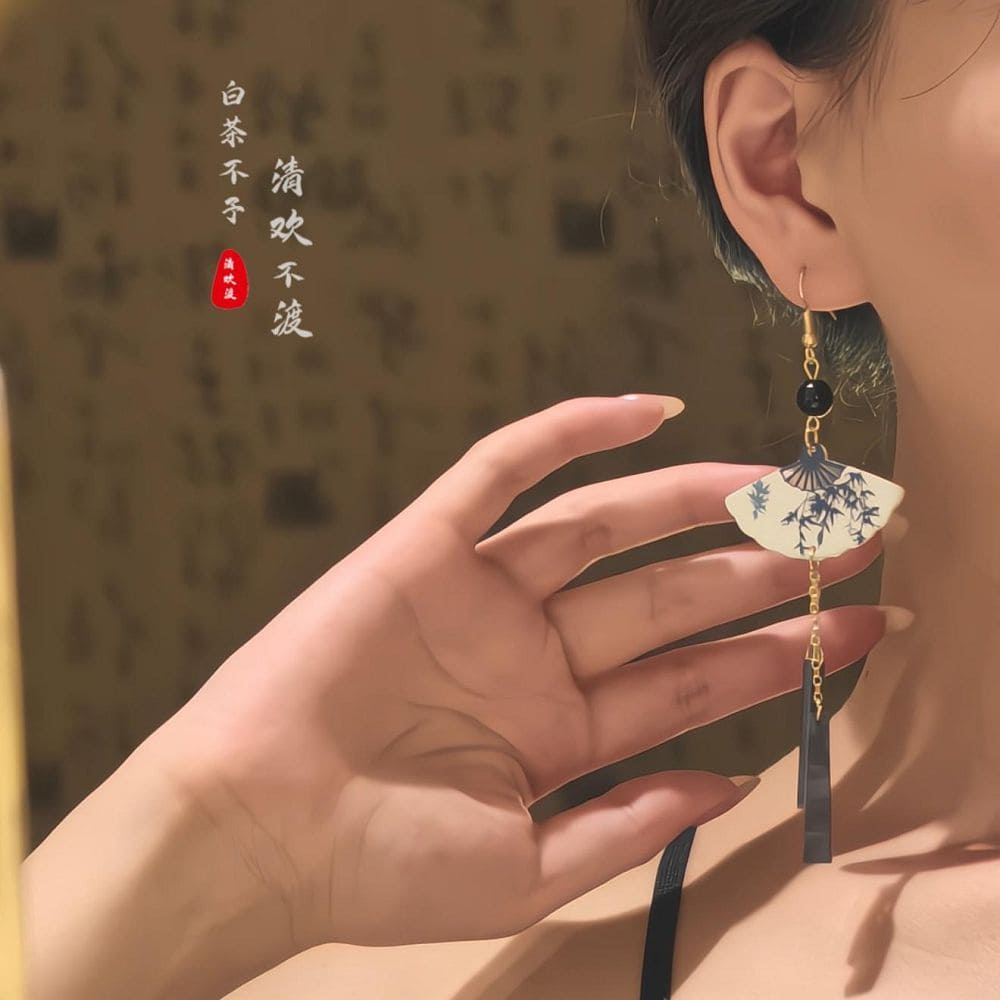 深閨竹扇高級感流蘇旗袍漢服馬面裙耳飾