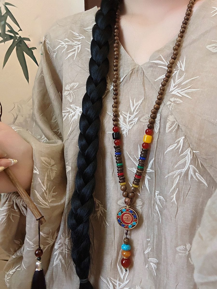 尼泊爾藏式禅意檀木串珠吊墜流蘇魚木珠鏈：圖片 4